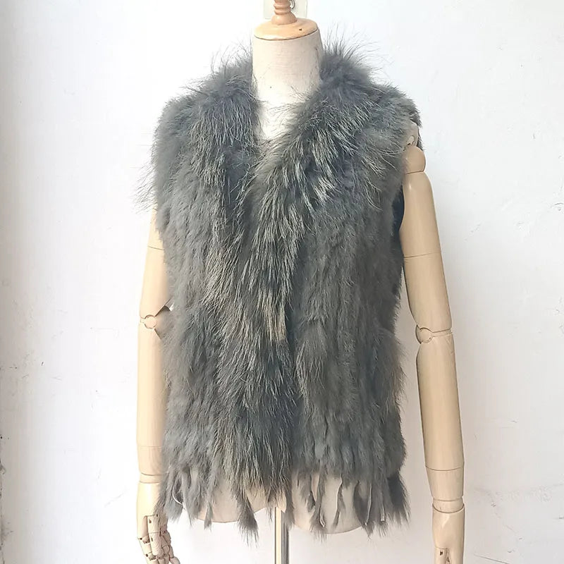 Warm Sleeveless Genuine Rabbit Fur Knitted Vest with Tassel