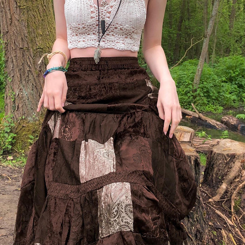 Boho  Patchwork Brown Pleated   Skirt