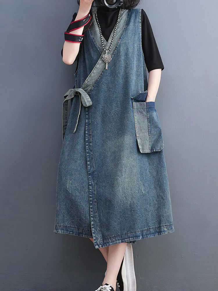 Classic Leisure Fashion Loose Belt Sleeveless Denim Dresses