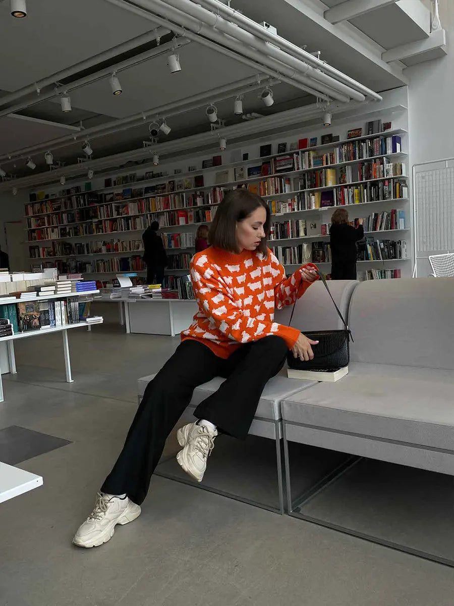 O-neck Alpaca Loose Casual Mid Length Printed Sweater