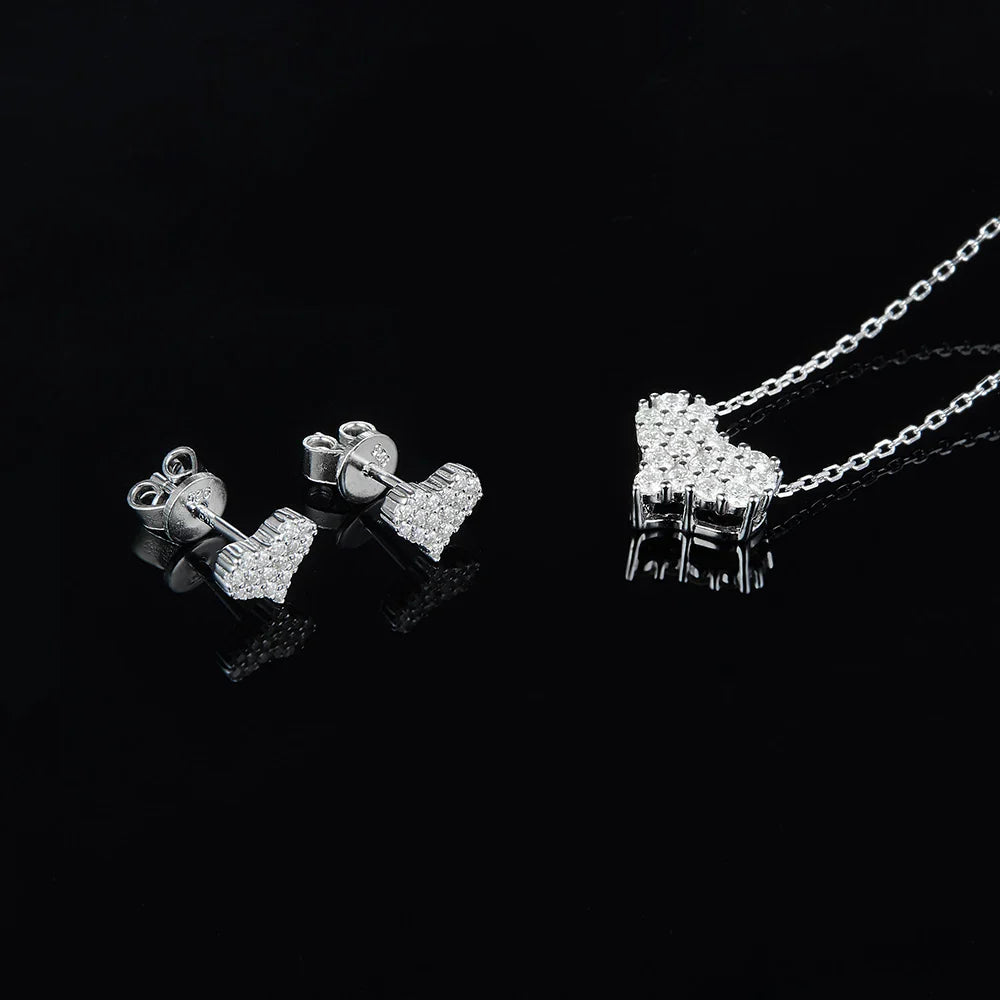 Sterling Silver Heart Shaped Pendant & Earring Moissanite Lab Diamonds Set