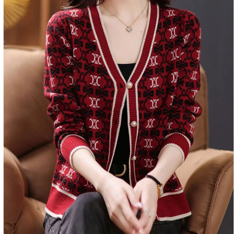 Vintage Elegant V-neck Jacquard Knitted Cardigan