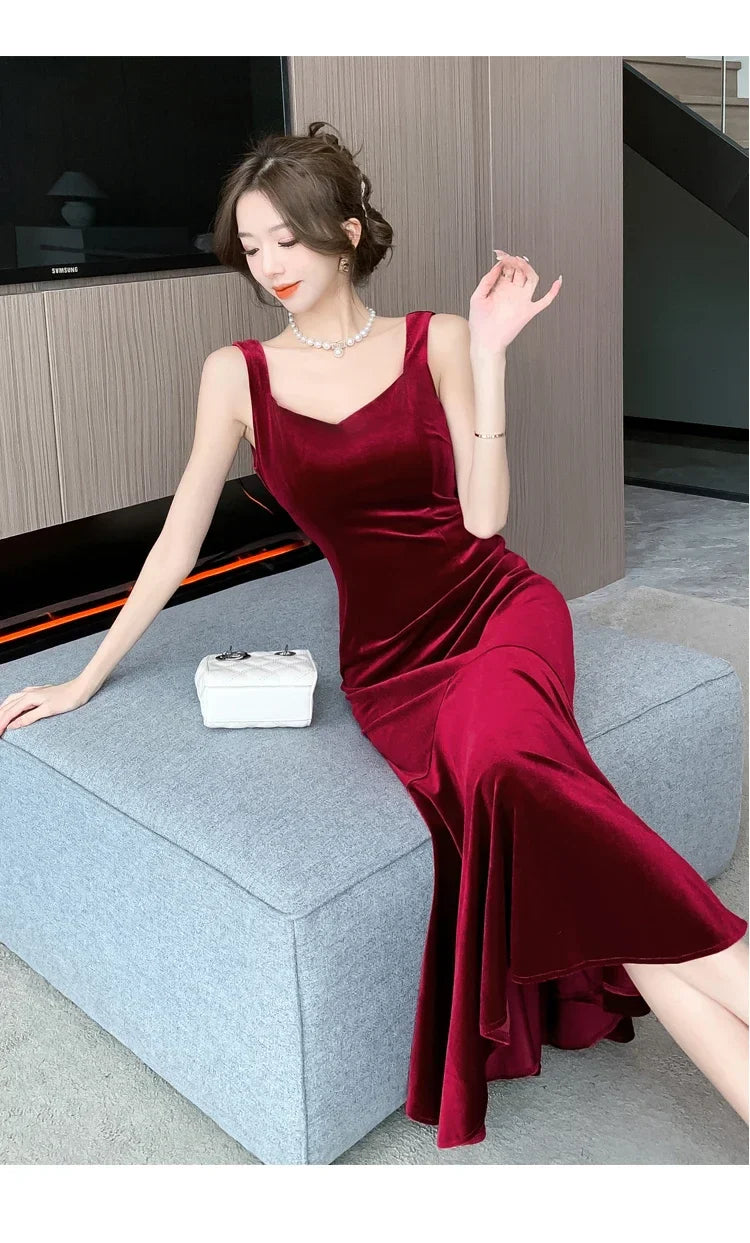 NEW Elegant Korean  Velvet Backless Sleeveless Midi Mermaid Dresses