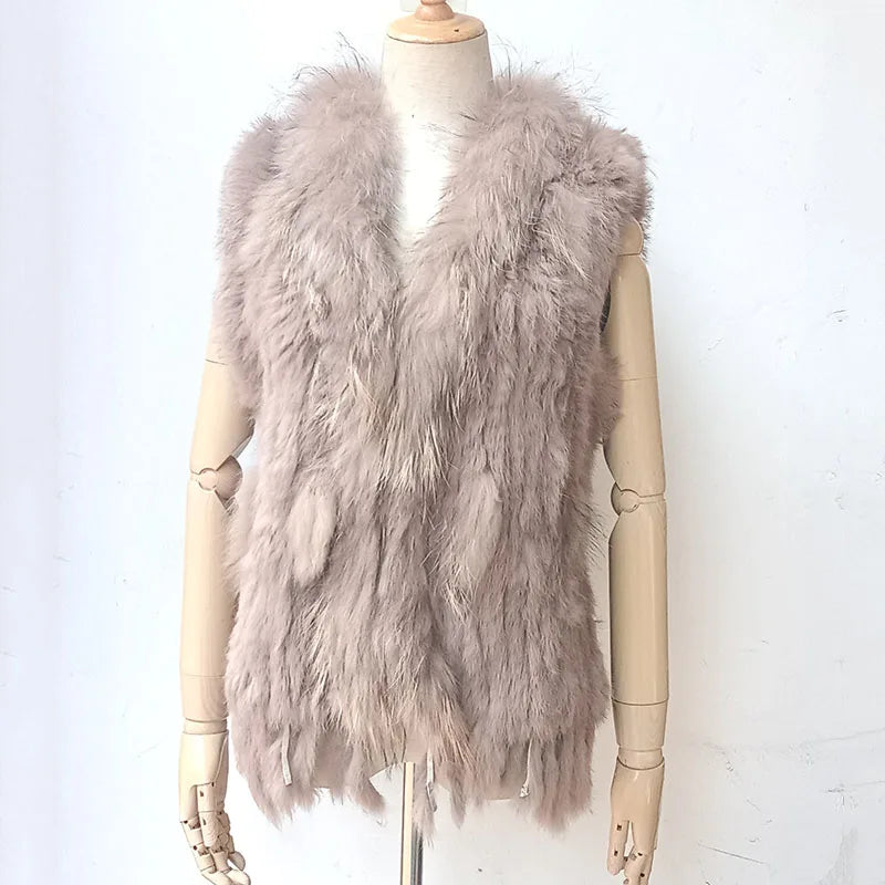 Warm Sleeveless Genuine Rabbit Fur Knitted Vest with Tassel