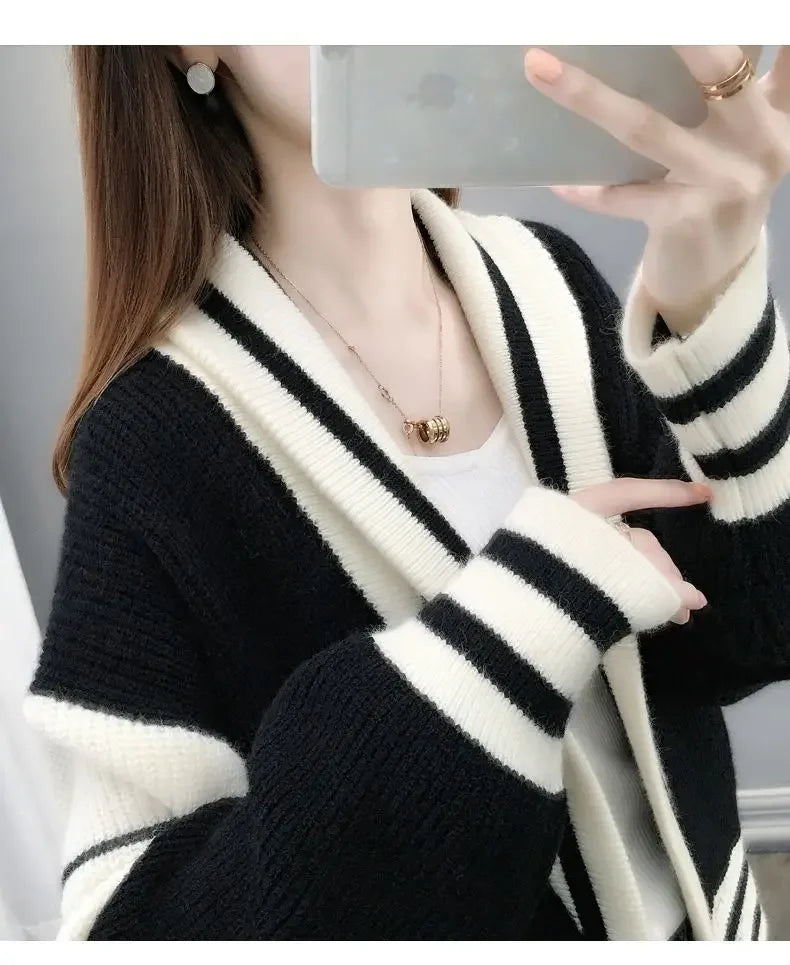 Striped Knitted  Cardigan Coat Long Sleeve Sweater Jackets