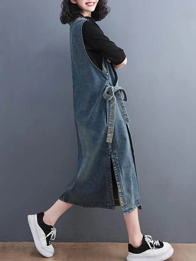 Classic Leisure Fashion Loose Belt Sleeveless Denim Dresses
