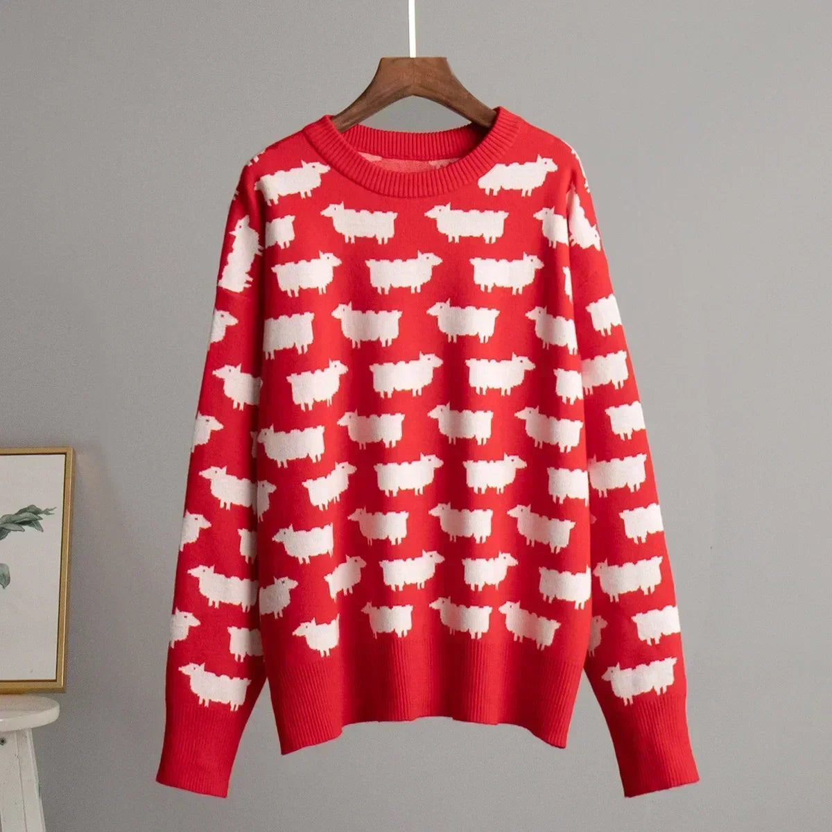 O-neck Alpaca Loose Casual Mid Length Printed Sweater