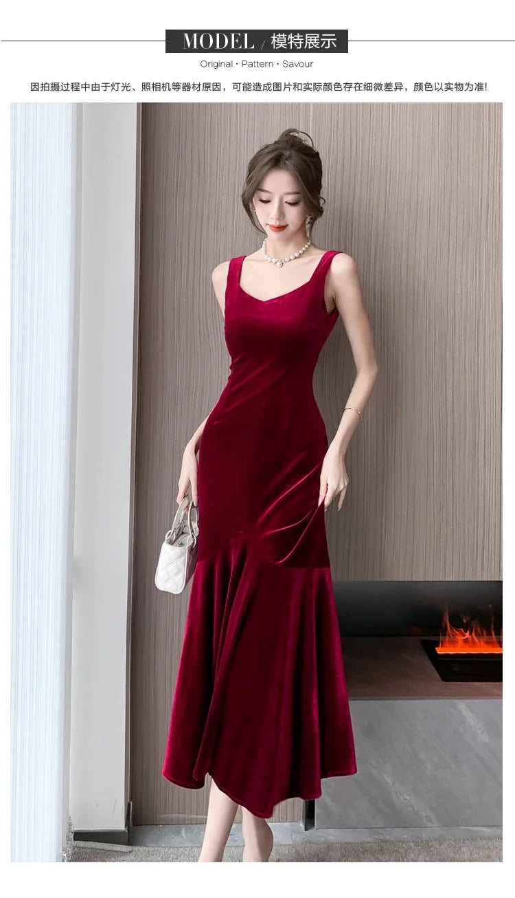 NEW Elegant Korean  Velvet Backless Sleeveless Midi Mermaid Dresses