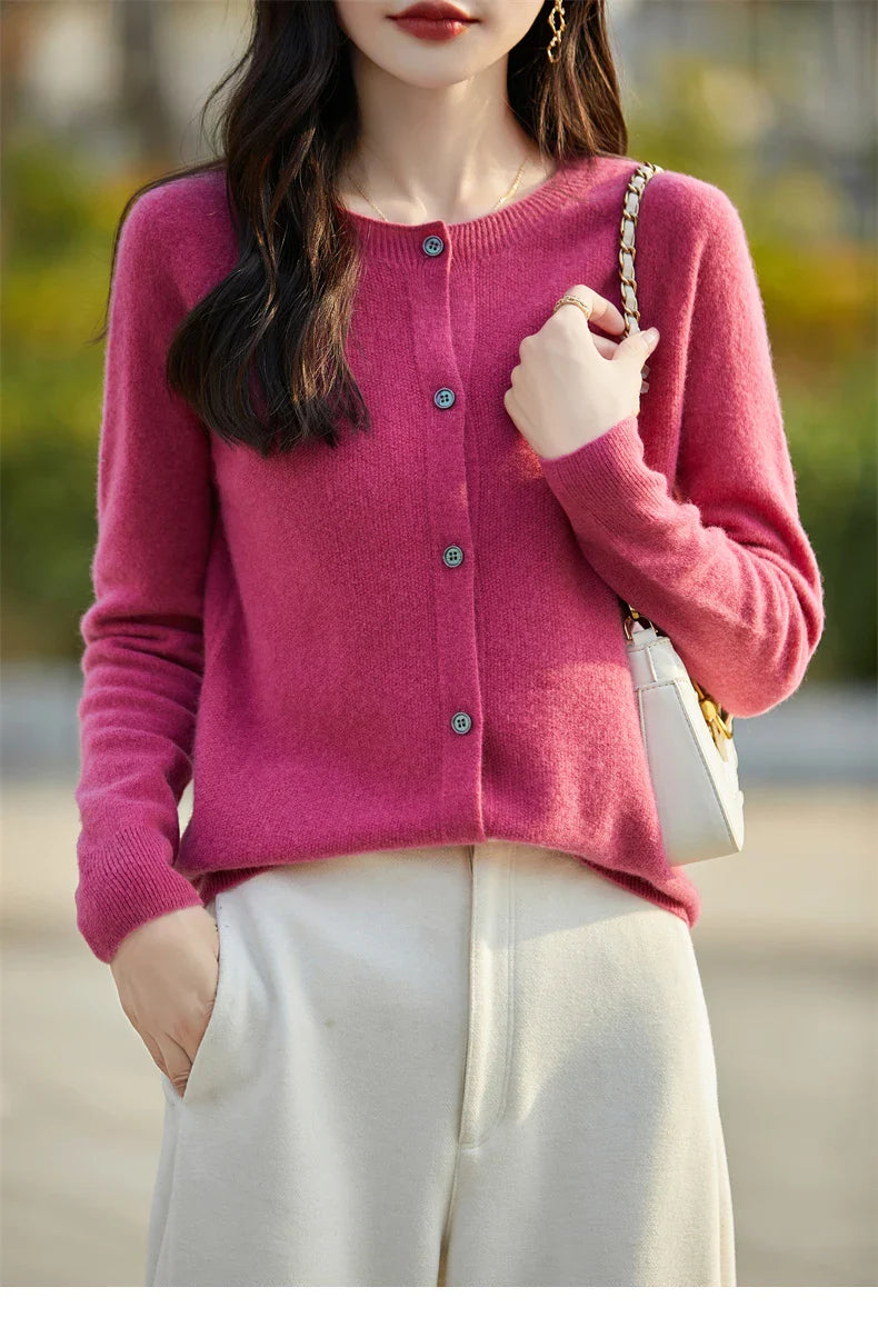 Soft Wool Cashmere Blend Knitted Round Neck Cardigan