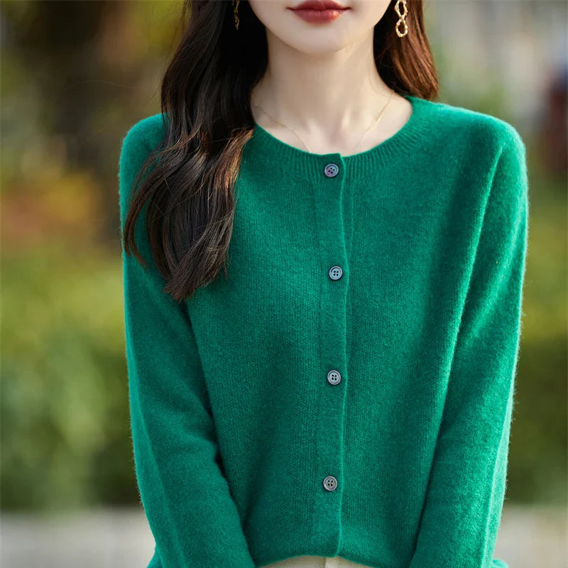 Soft Wool Cashmere Blend Knitted Round Neck Cardigan