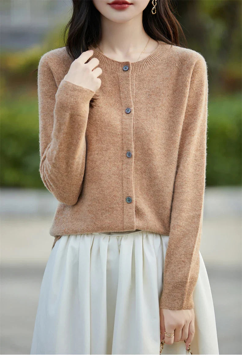 Soft Wool Cashmere Blend Knitted Round Neck Cardigan
