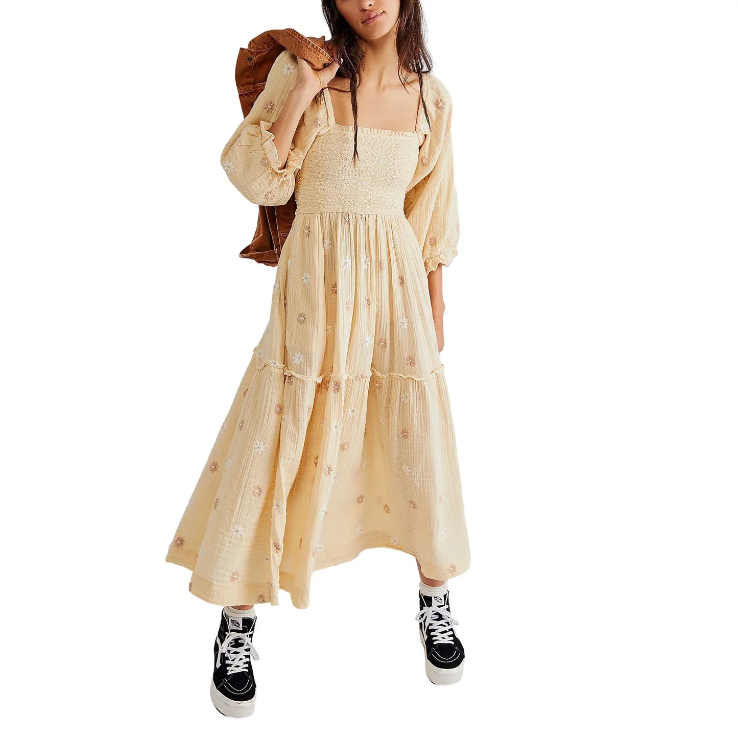 Bohemian Floral Embroidery  Square Neck  Loose Swing Long Dress with 3/4 Puff Sleeves