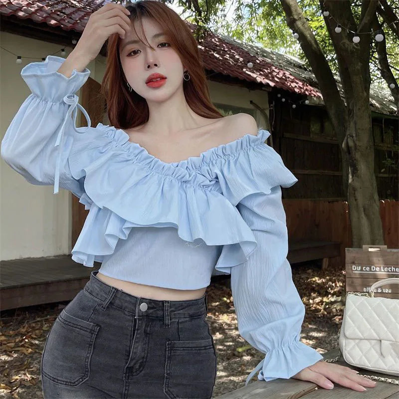 Ruffles Patchwork V-Neck Crop Tops Blouse  with Long Sleeve