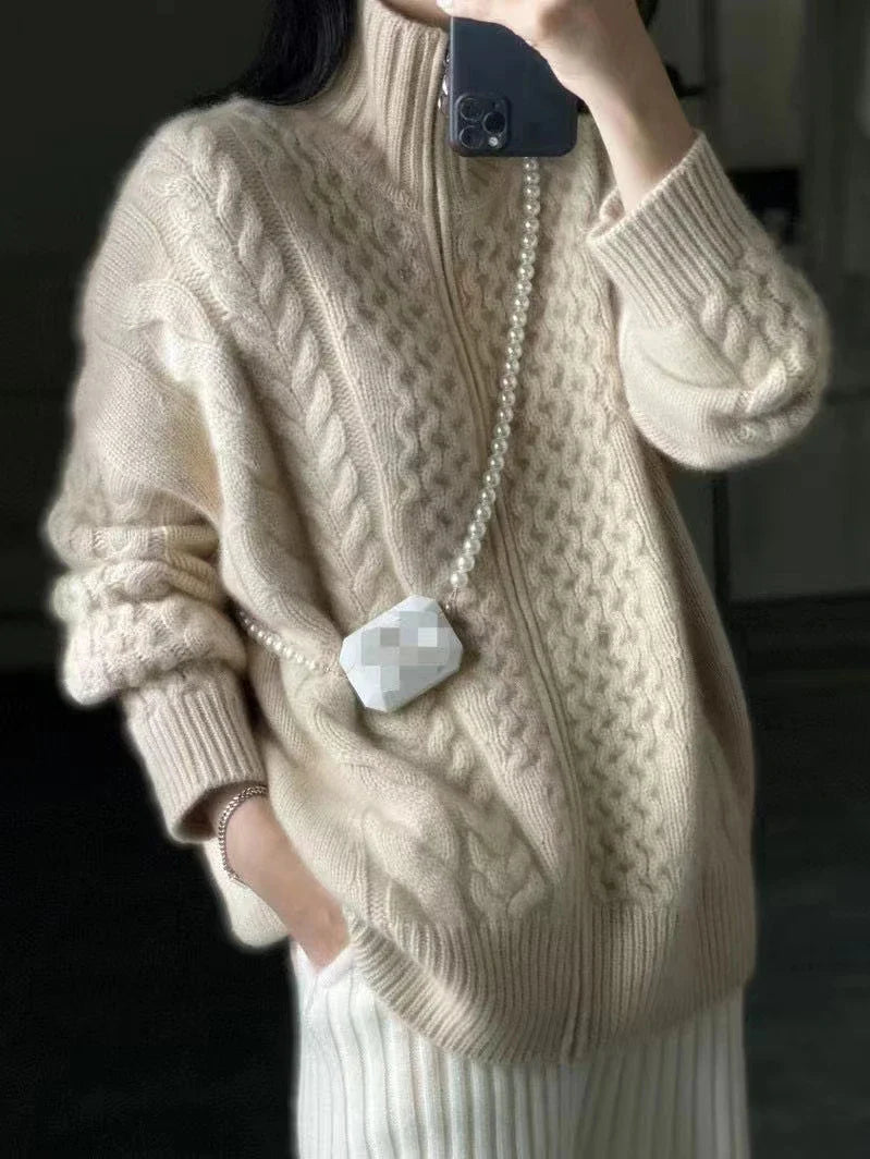 Luxurious High Neck Knit Wool Zippered Cardigan Sweater Jacket