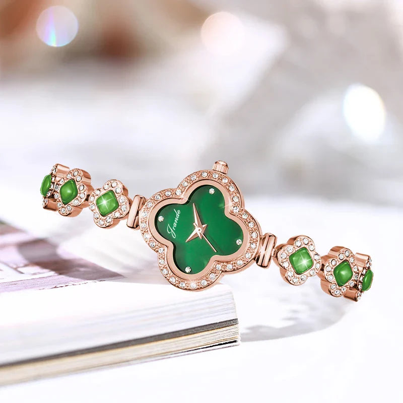 Lucky 4 Leaf Clover Green Rhinestone Watch