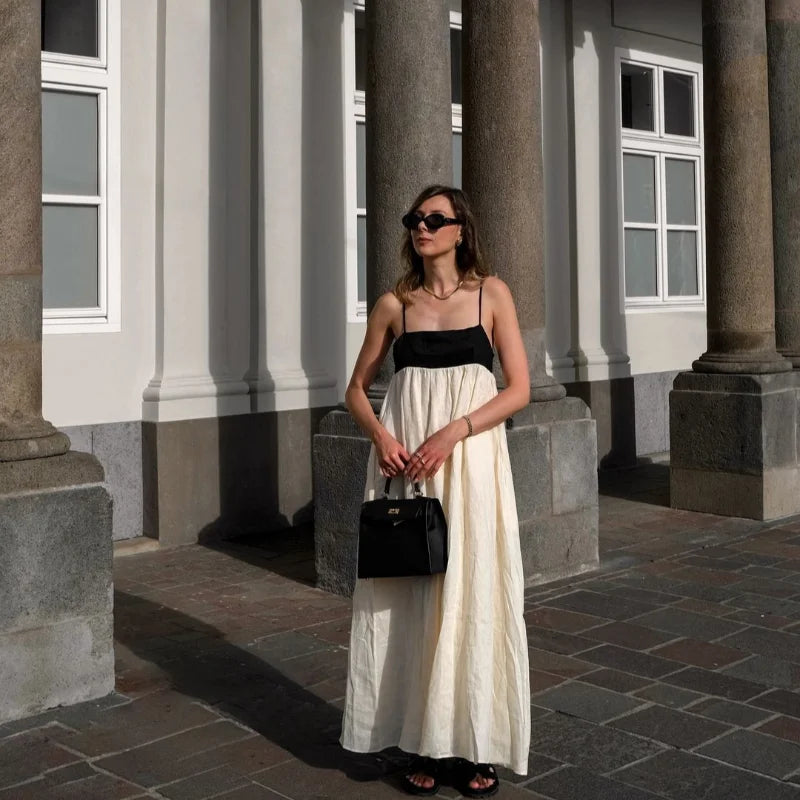 White and Black  Contrasting Color Hollow Out Sling Maxi Sleeveless Dress