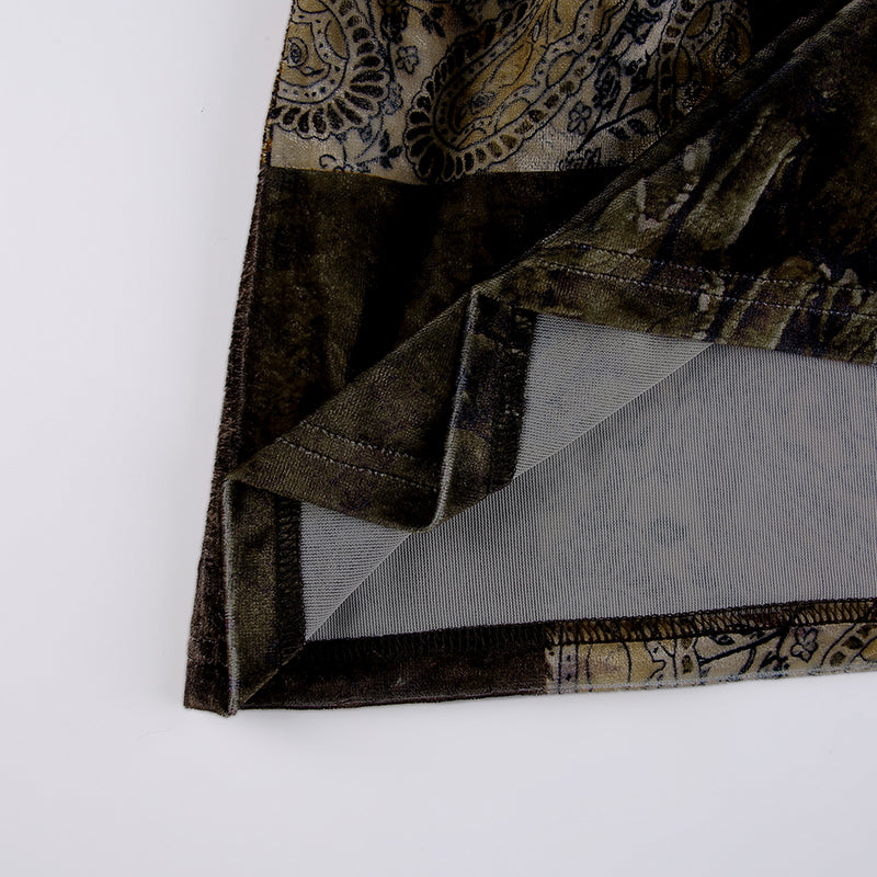 Boho  Patchwork Brown Pleated   Skirt