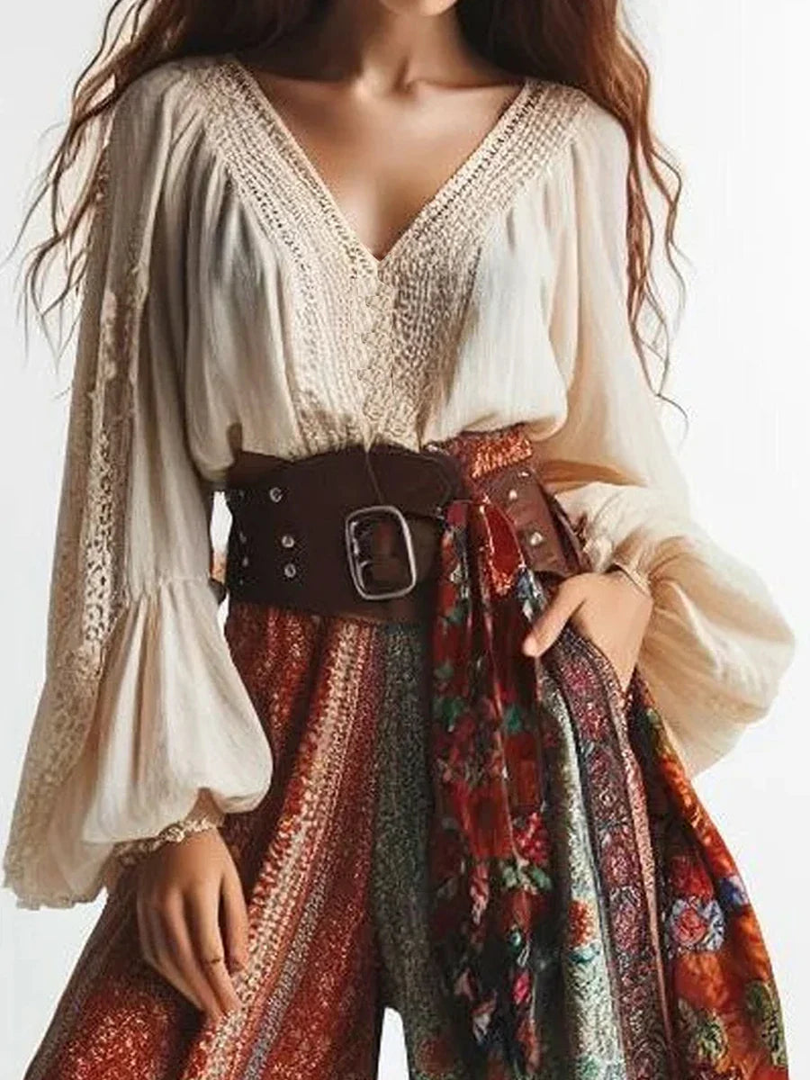 Boho Lace Patchwork  Lantern Sleeves  V Neck Blouse