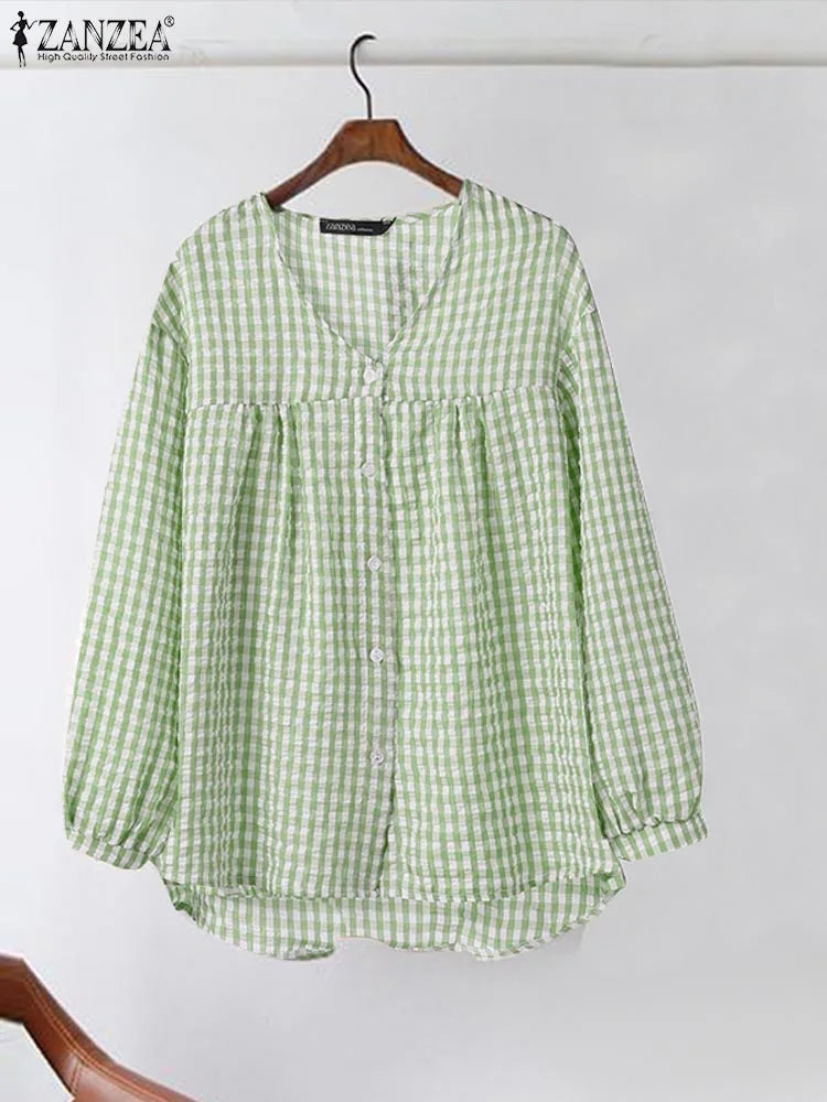 Vintage Plaid Checked  V-Neck Shirt with Long Sleeves