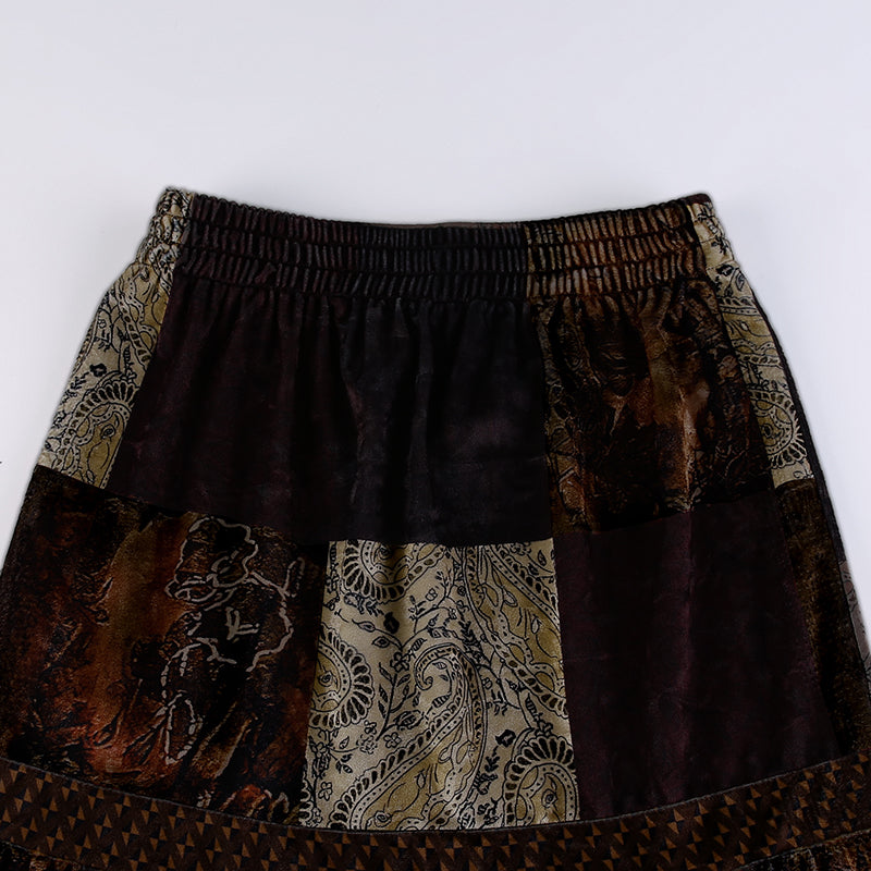 Boho  Patchwork Brown Pleated   Skirt