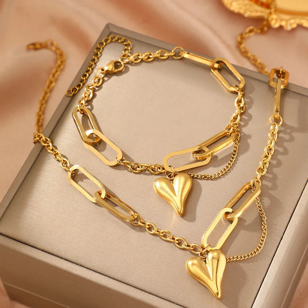 Matching Heart Shaped Chain Necklace & Bracelet Set
