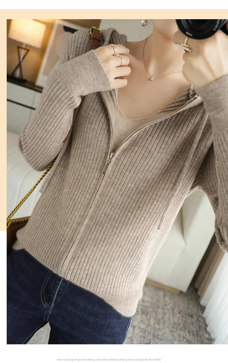 Buttery Soft 100% Pure Merino Wool Knitted  Zipper Hooded Cardigan