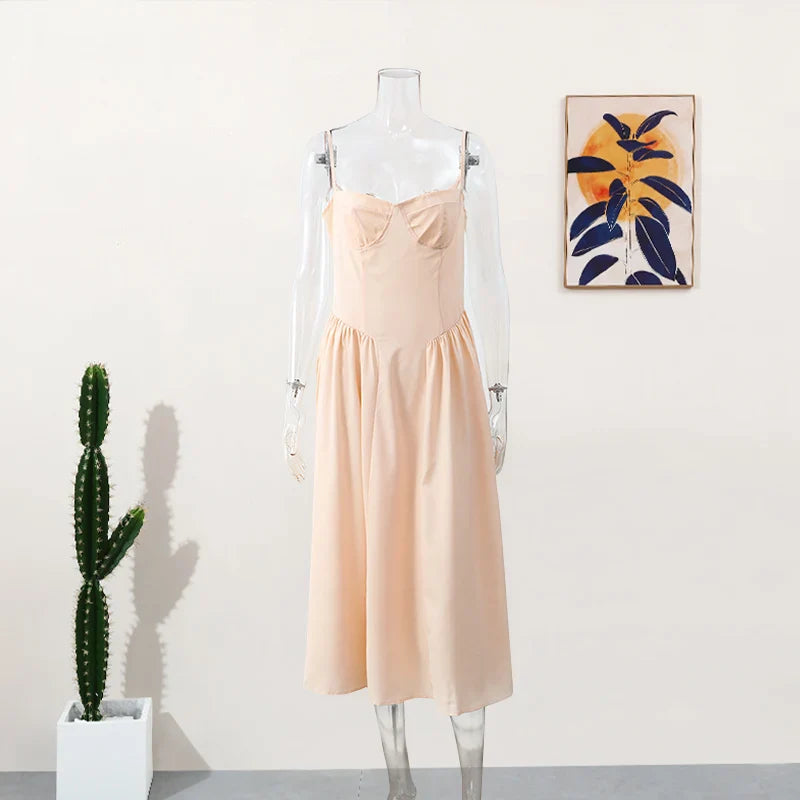 Party Pleated Hem Sling Midi Sleeveless Backless Dresses