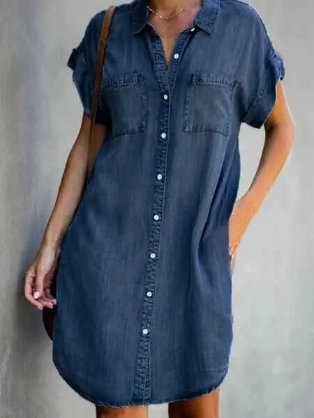 Summer  Denim Shirt Dress with  Pocket Simple