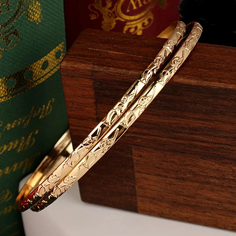 Slim Metal Bangles Gold Plated Carved Flower Layered Cuff Bracelet