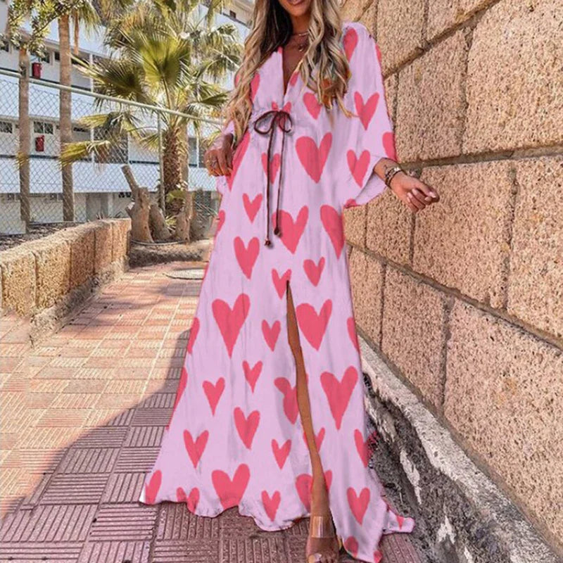 Elegant Artsy Print Oversized Holiday Beachy Maxi V-Neck Dress