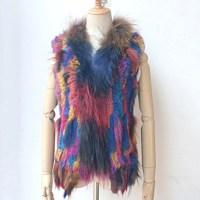 Warm Sleeveless Genuine Rabbit Fur Knitted Vest with Tassel