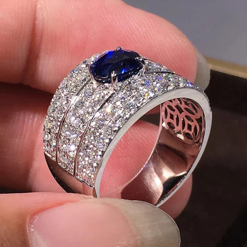 Sparkling Oval Blue CZ Wide Band Ring