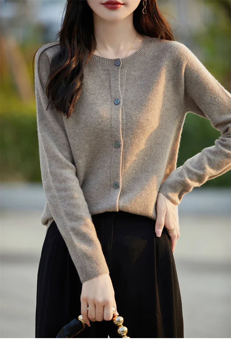 Soft Wool Cashmere Blend Knitted Round Neck Cardigan