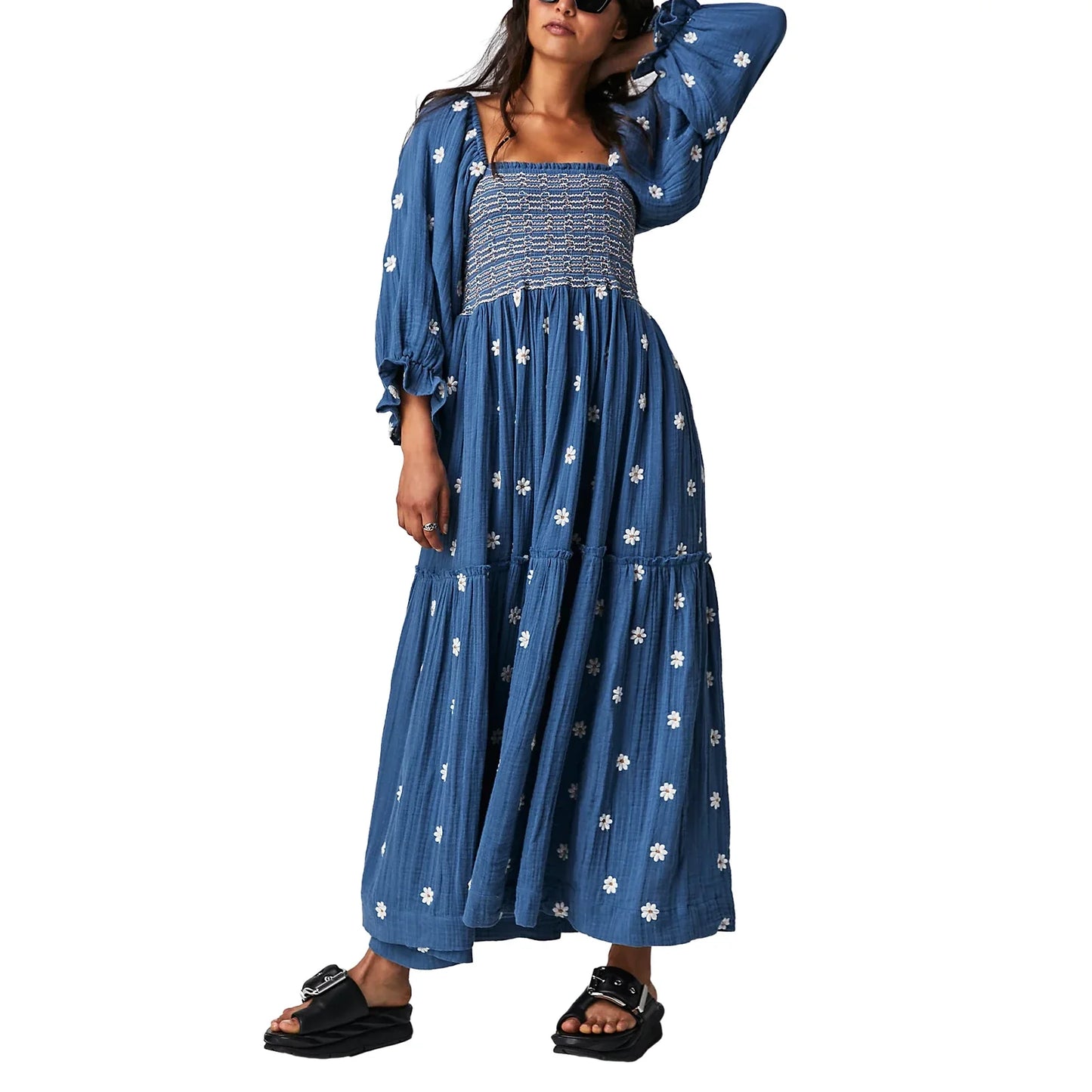 Bohemian Floral Embroidery  Square Neck  Loose Swing Long Dress with 3/4 Puff Sleeves