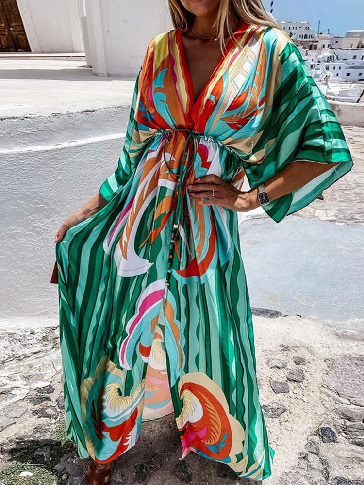 Elegant Artsy Print Oversized Holiday Beachy Maxi V-Neck Dress
