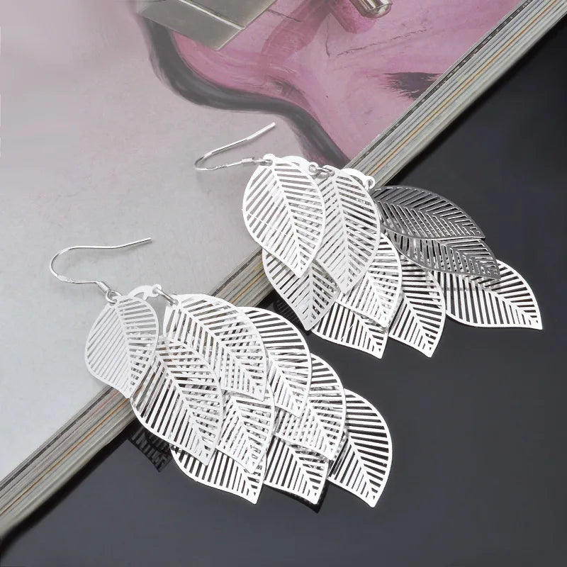 Fine 925 Sterling Silver Tassel Layered Leaves Drop Earrings