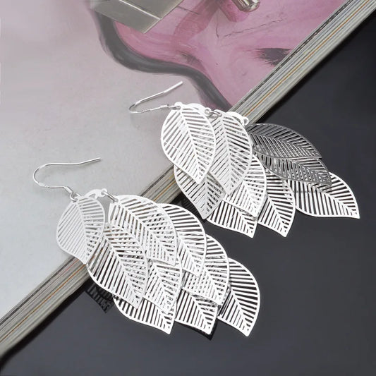 Fine 925 Sterling Silver Tassel Layered Leaves Drop Earrings