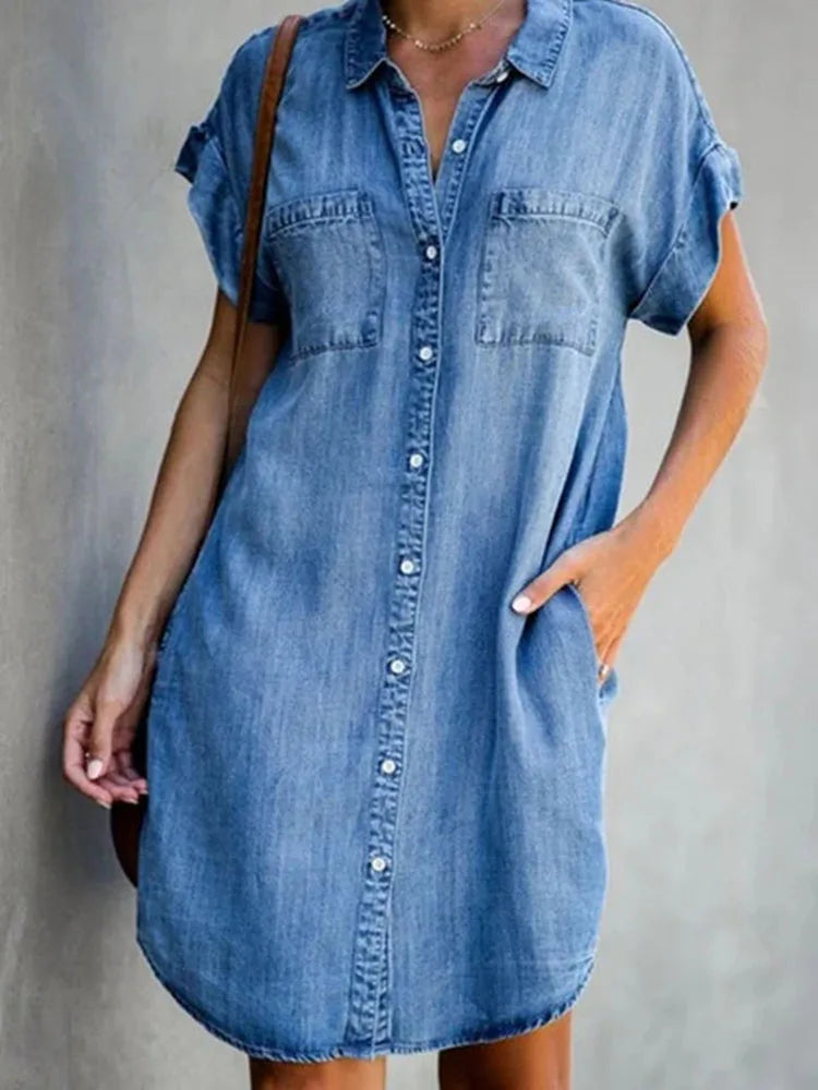 Summer  Denim Shirt Dress with  Pocket Simple