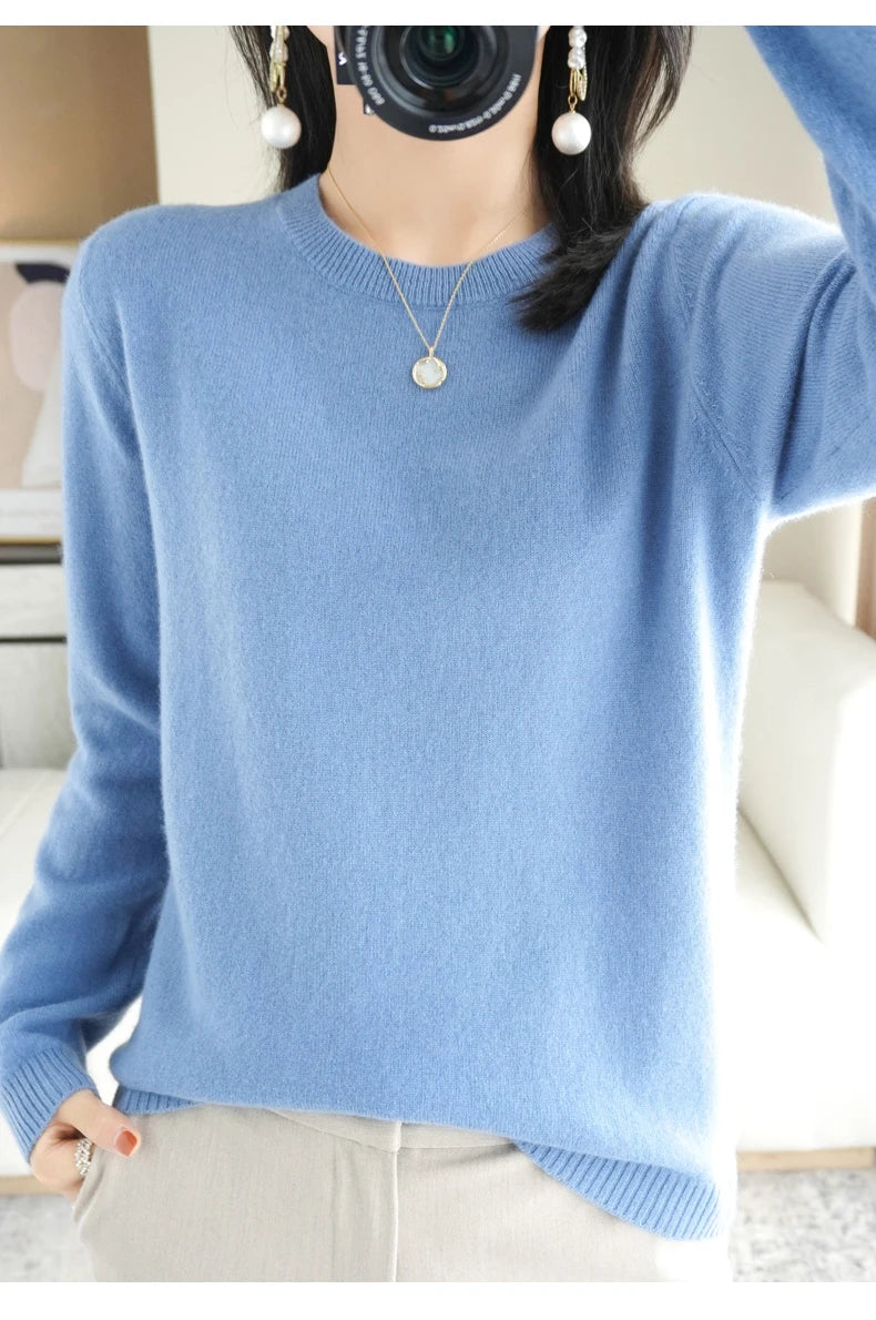 Classic Style Cashmere Round Neck Pullover with  Long Sleeve
