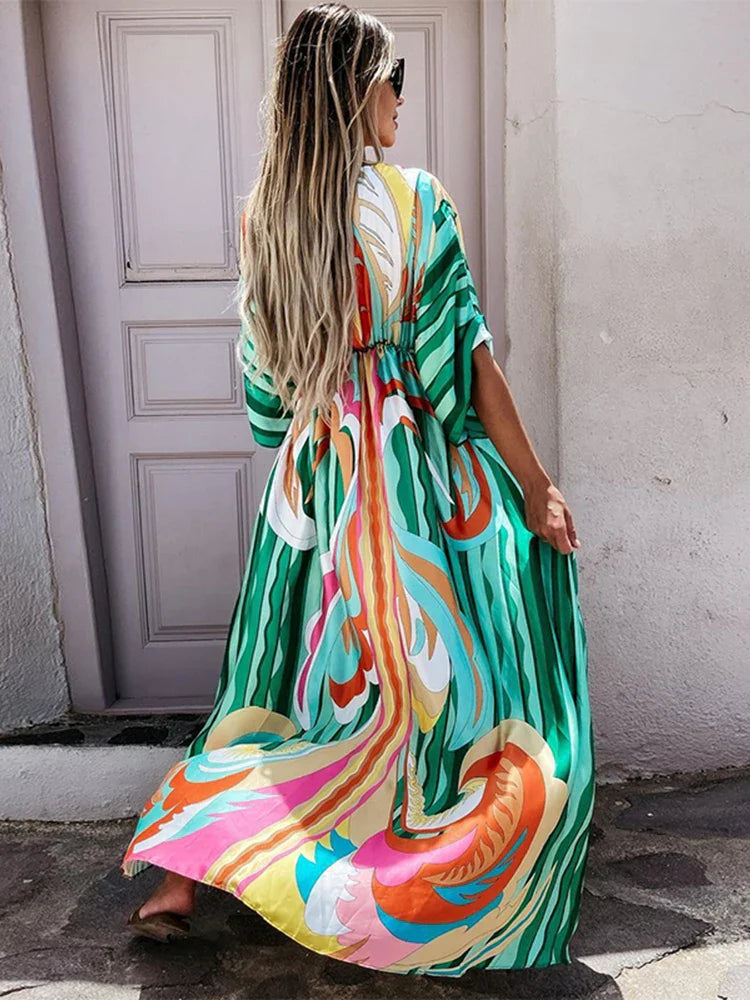 Elegant Artsy Print Oversized Holiday Beachy Maxi V-Neck Dress