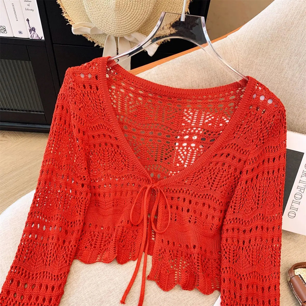 Casual Comfort Crochet  Short Top  Knitted Cardigan with Long Sleeves
