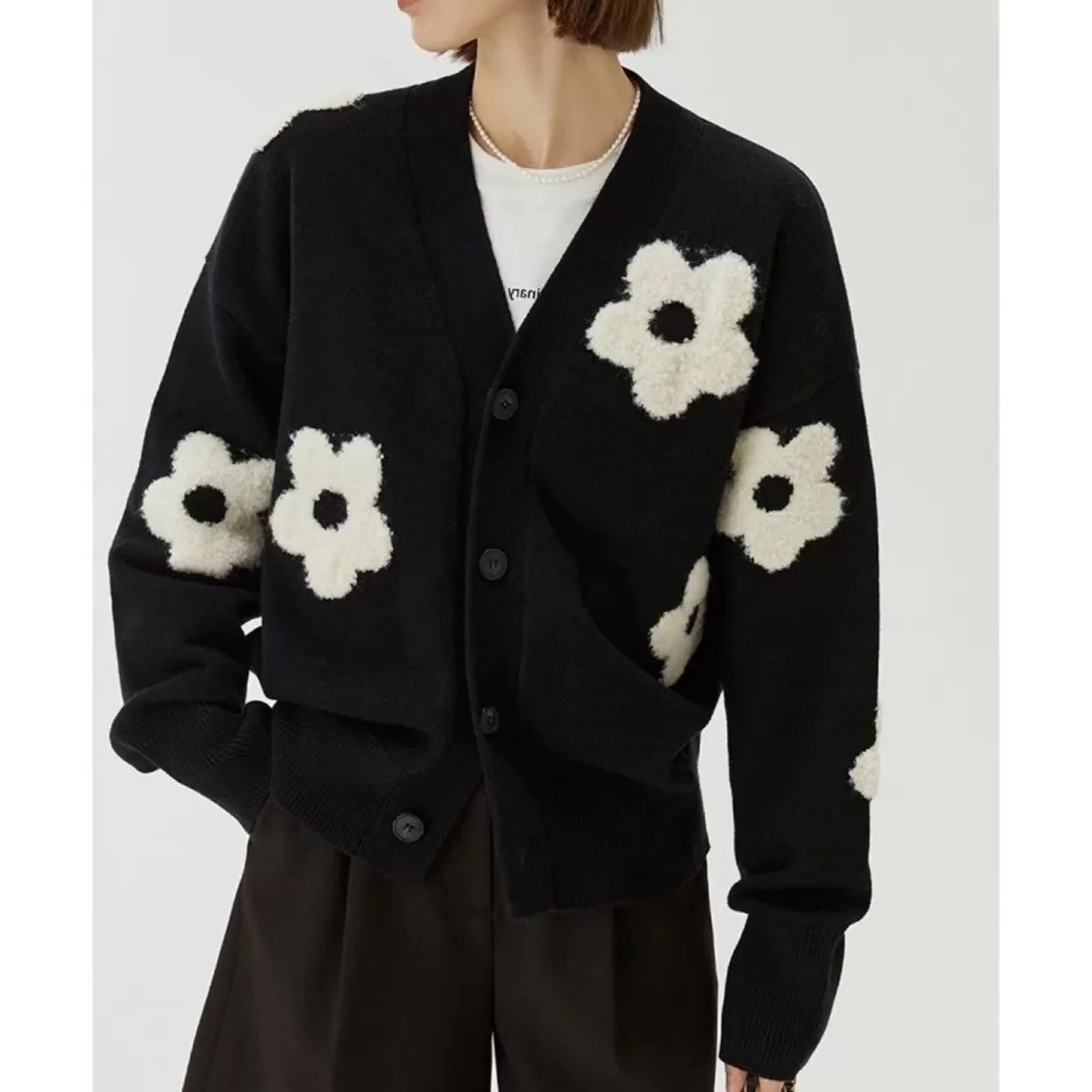 Trendy Floral Embroidered Knitted  Loose Fitting Cardigan