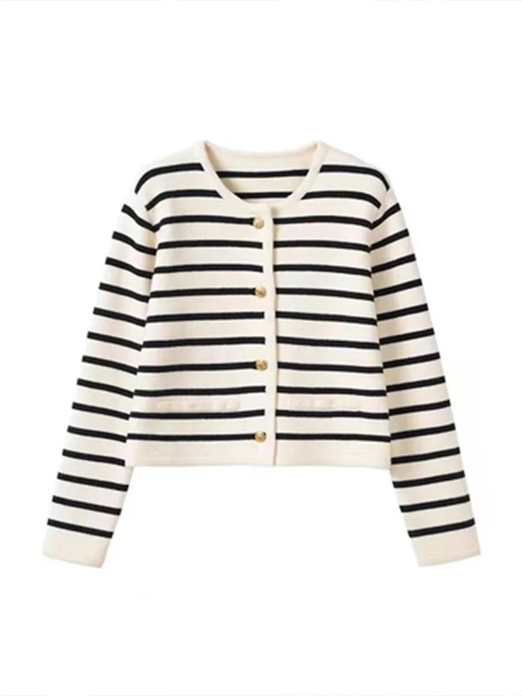 Modern All Season O-neck Stripe Knitted Cardigan with Long Sleeves