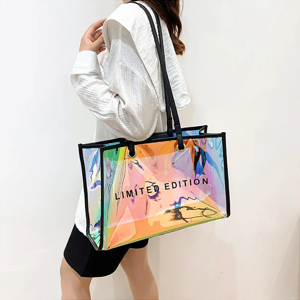 Clear Neon Holographic Large Tote Bag