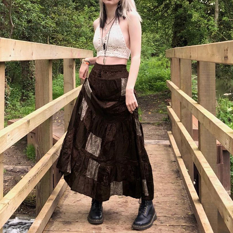 Boho  Patchwork Brown Pleated   Skirt