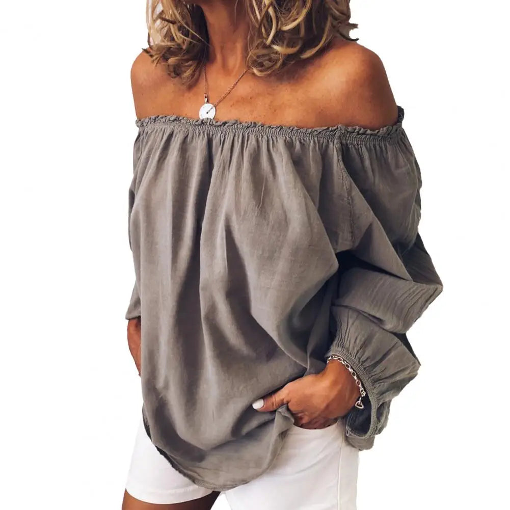 Blouse Casual Off Shoulder Blouse Shirt Tops  Neckline Pleated Elastic Lady's Shirt