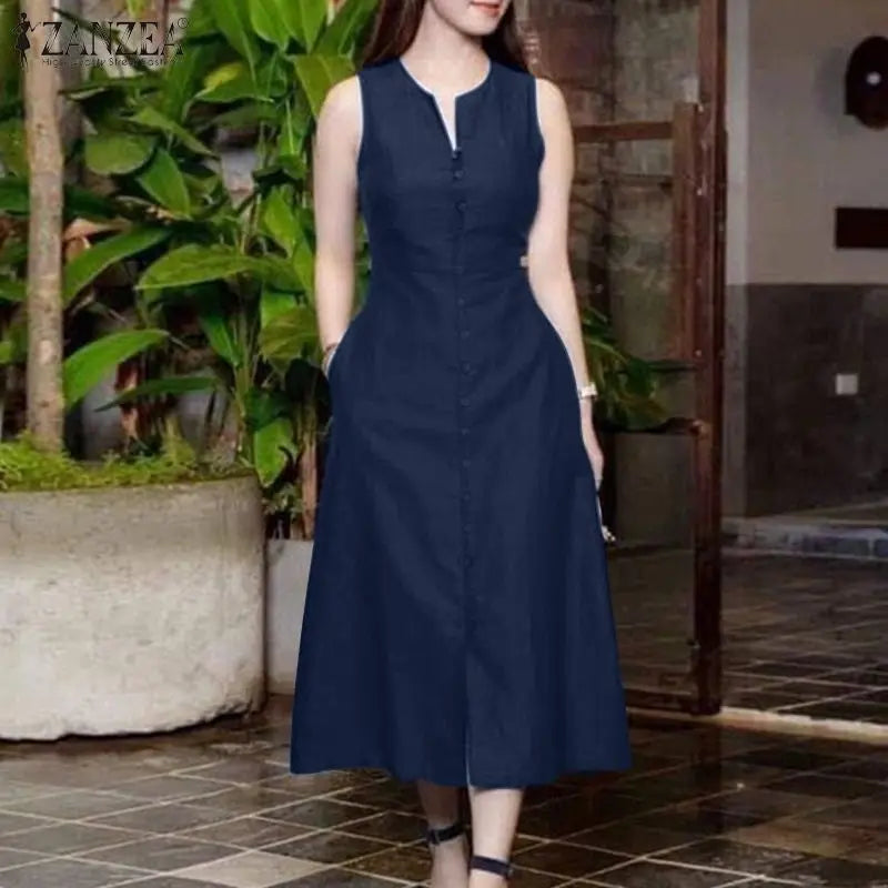 Elegant Leisure Retro V Neck Sleeveless Button Down MidI  Dress
