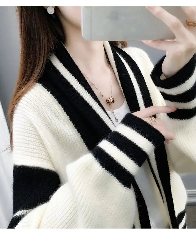 Striped Knitted  Cardigan Coat Long Sleeve Sweater Jackets