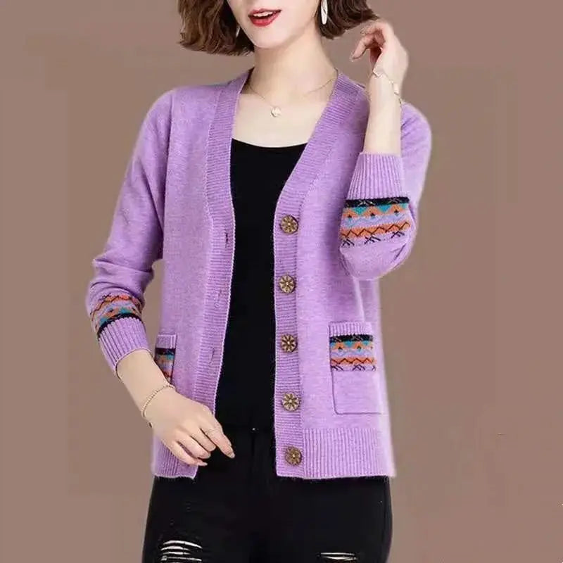 Folk Vintage Button V-Neck  Cardigans with Long Sleeves and Pockets