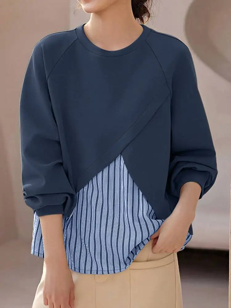 Unique Striped Patchwork O Neck Pullover Blouses with Long  Raglan Sleeves